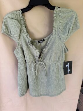 Women’s Light Sage Ruffle Tie-Front Blouse.